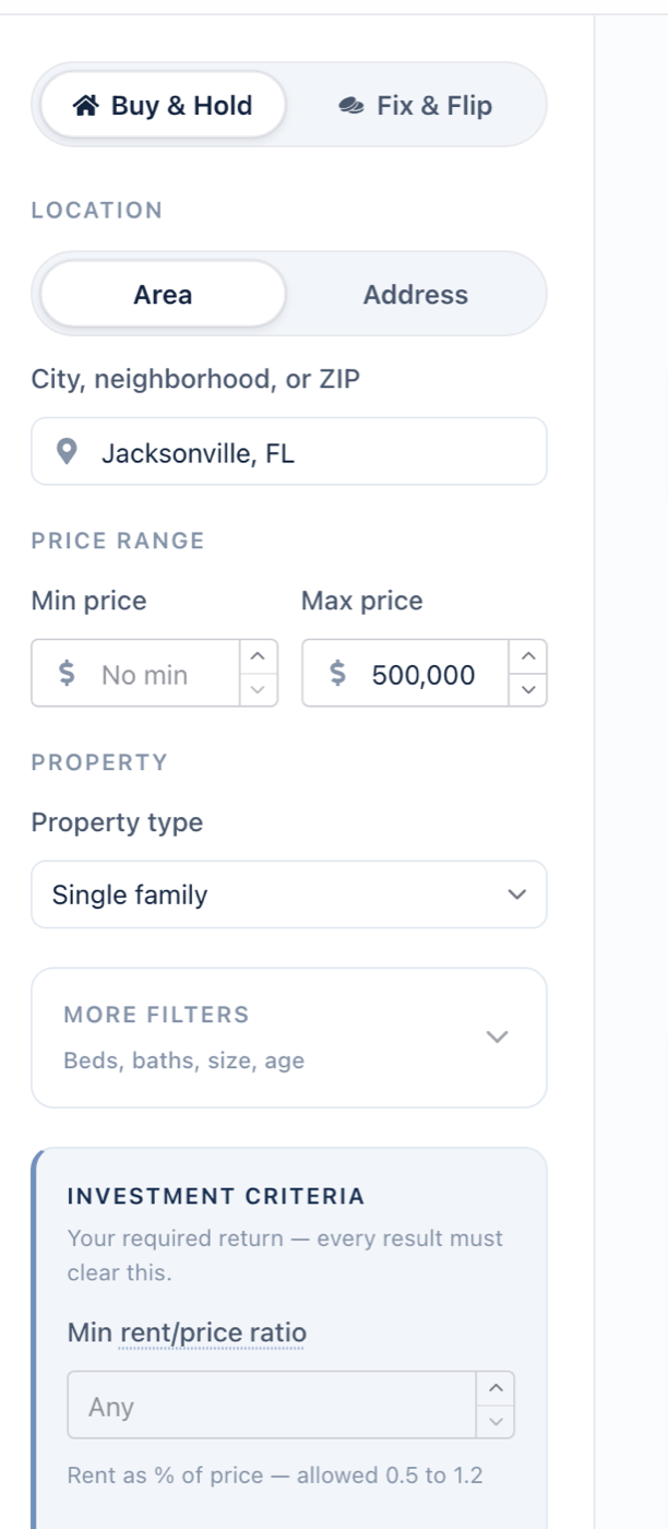The investment criteria panel: minimum rent-to-price ratio allowed between 0.5 and 1.2, and a minimum cap rate of 7%