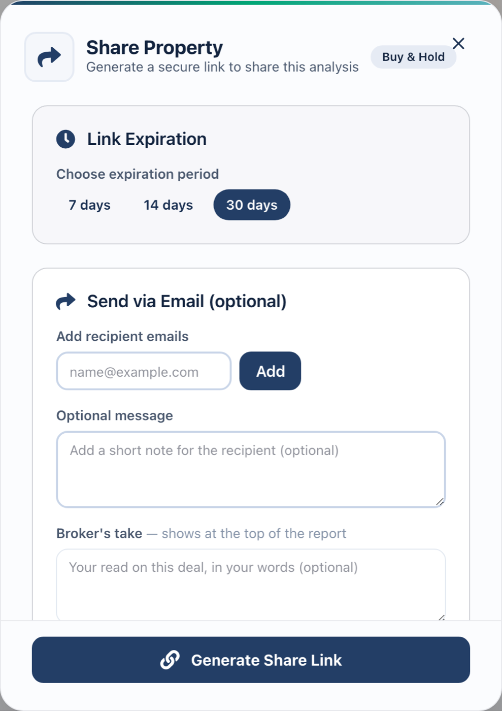 The Share Property dialog: a 7, 14 or 30-day link expiration, recipient emails, an optional message, and a broker's take that shows at the top of the report